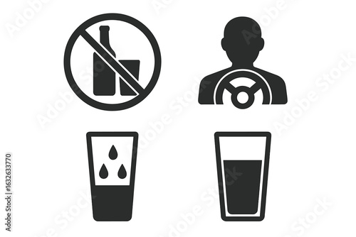 Alcohol Safety Icons Set. No Alcohol Sign, Designated Driver Symbol, Hydration Water Glass, Drink Responsibly, Alcohol-Free, Sobriety, Safe Driving, Black Silhouette Vector Illustration