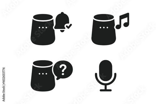 Smart voice assistant icons set. Solid filled symbols of smart speaker functions: reminders, music playback, information queries, voice command, microphone. Modern technology vector illustration