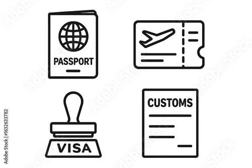Travel icon set grid with outline style, including passport, boarding pass, visa stamp, customs form, and travel documentation features for global travel and tourism vector illustration