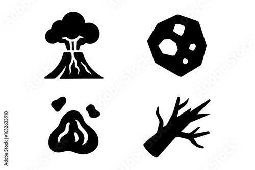 Volcanic Eruption Icons Set. Solid Vector Collection of Volcano Explosion, Ash Cloud, Lava Fragment, Meteorite Impact, Debris, Broken Tree, Natural Disaster Elements Illustration