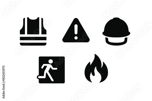 Warehouse safety icons set. Solid filled vector symbols including high visibility vest, caution warning sign, protective hard hat, emergency exit, fire hazard. Industrial safety pictograms collection.