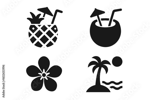 Tropical Cocktail Icon Set. Solid Filled Vector Art with Pineapple Drink, Coconut Shell Beverage, Hibiscus Flower, Palm Tree Island, Beach Party Symbols, Summer Vacation Tropical Bar Illustration