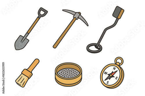 Treasure Hunting Equipment Isometric Flat Icon Set. Shovel, Pickaxe, Metal Detector, Brush, Sieve, Compass. Archaeology Adventure Tools Collection. Exploration, Excavation, Discovery Concept Vector