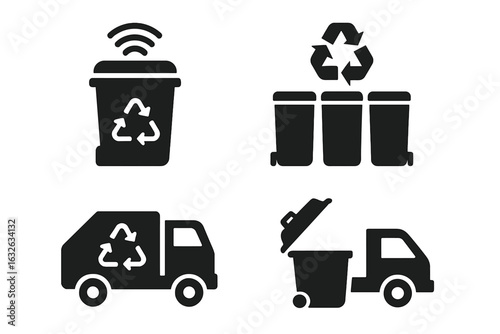 Smart Waste Management Icons Set. Solid Vector Collection of Sensor Trash Bins, Segregated Recycling Containers, Waste Sorting Stations, Garbage Collection Trucks, Eco-Friendly Municipal Services