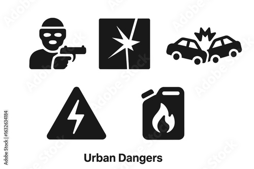 Urban Danger Icons Vector Set. Solid Silhouettes of City Hazards: Armed Robbery, Broken Glass, Car Crash, Electrical Warning, Flammable Gas. Safety, Risk, Emergency, Crime, Accident, Warning Symbols