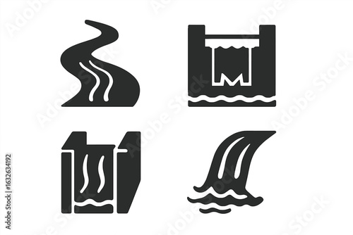 Water channel icons set. Solid and filled vector illustrations of river bend, canal lock, irrigation channel, flowing water stream, curved river, artificial waterway, hydrology, aqua infrastructure