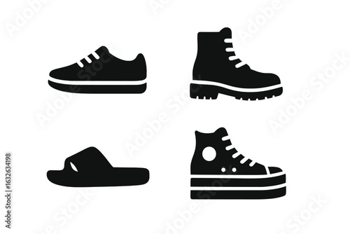 Urban Footwear Silhouette Icons Collection. Solid Vector Set of Modern Sneakers, Hiking Boots, Slides, High Top Platform Shoes. Trendy Black Shoe Symbols for Fashion, Apparel, Streetwear, Shopping