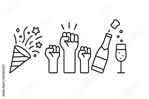 Victory Celebration Party Outline Icons Set. Raised Fists, Power Symbol, Protest, Success, Confetti Popper, Champagne Bottle, Toast, Festive Drink. Black Line Vector Isolated Clipart for Events