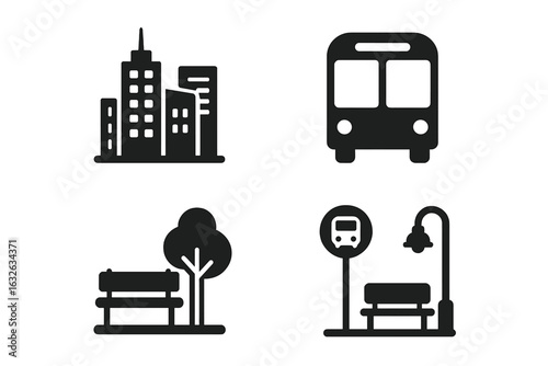 Urban society silhouette icon set. City skyline, skyscraper buildings, public transport, bus icon, bus stop, park bench, street lamp, city park, urban elements vector illustration collection