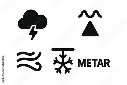Weather hazards solid icon set. Thunderstorm lightning, turbulence wave, strong winds, wind shear, aircraft icing, METAR aviation weather, climate symbols vector illustration, transparent background