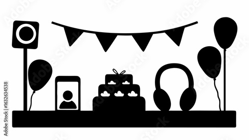 A silhouette of a birthday party setup with cake balloons headphones and a phone on a table display area