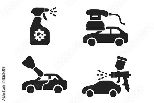 Car Restoration Tools Icons Set. Solid Filled Vector Illustrations of Rust Remover Spray, Electric Sander, Body Filler Application, Auto Primer Sprayer. Auto Detailing, Repair, and Paint Equipment