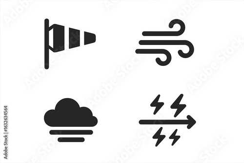 Weather icons set vector illustration. Wind flag, gust lines, air turbulence, cloud with fog, meteorology symbols. Solid filled design for weather forecast, aviation, storm, atmosphere conditions