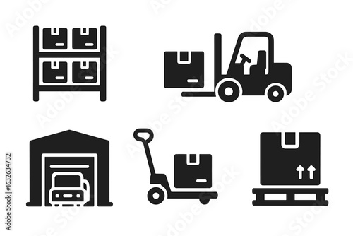 Warehouse logistics icons set. Storage racks, forklift, pallet jack, shipping dock, delivery truck, cargo boxes, distribution, goods handling, industrial transport, warehouse vector illustration.