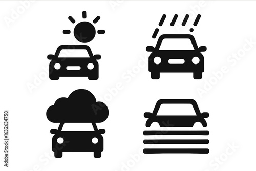 Weather road condition icons set. Solid vector symbols of driving weather: clear sky, rain, rainfall, rainy windshield, cloud cover, foggy, mist, fog, automotive forecast, transport safety graphics.