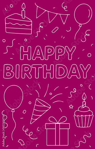 Modern birthday card with magenta background and white festive doodles