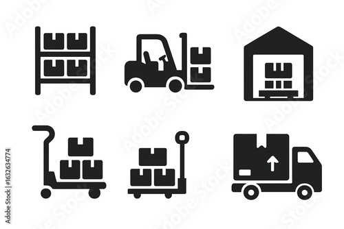 Warehouse logistics icons set. Solid filled vector icons of warehouse, storage racks, forklift, pallet jack, loading dock, hand truck, trolley, shipping, boxes, freight transport, delivery