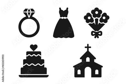 Wedding Ceremony Icon Set. Solid Vector Collection with Engagement Ring, Bridal Dress, Flower Bouquet, Cake, Chapel. Minimal Black Silhouette Symbols for Wedding Invitation or Planner Design