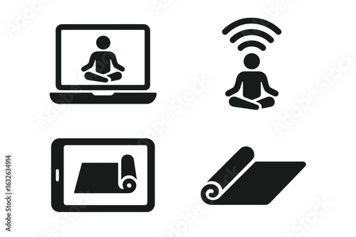 Virtual yoga online class solid icons set. Yoga instructor on laptop and streaming wireless, digital yoga mat, home fitness workout, meditation, exercise vector illustration isolated.