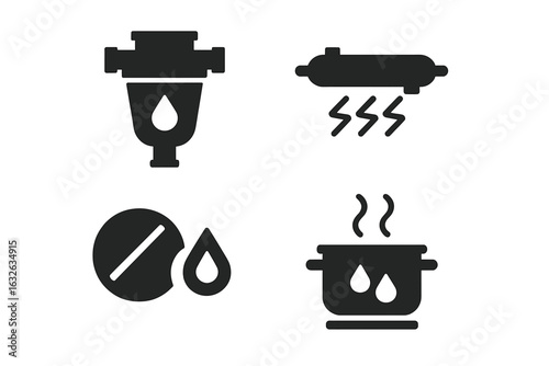 Water Purification Icons Set. Solid Filled Vector Symbols of Water Filter Filtration, UV Lamp Disinfection, Chlorine Purification Tablet, Boiling Sterilization. Safe Drinking Methods Illustration