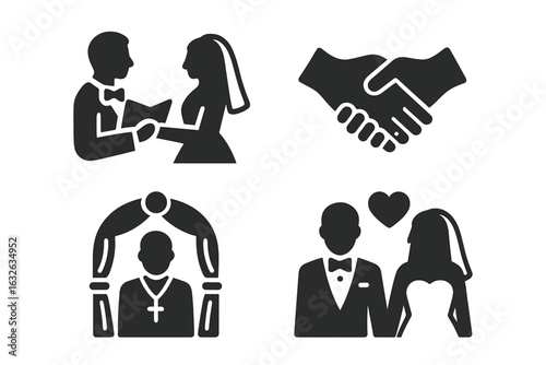 Wedding Ceremony Icon Set. Bride and groom exchanging vows, holding hands, marriage officiant, loving couple, heart symbol. Solid black vector, relationship, wedding ritual moments, romance symbols.