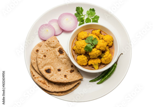 Wallpaper Mural A plate with cauliflower curry, roti, sliced onions, cilantro, and green chilies on a white plate on transparent background Torontodigital.ca