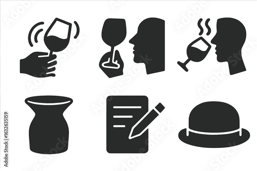 Wine Tasting Solid Icon Set. Swirl, Sip, Sniff, Spittoon, Tasting Notes, Sommelier Hat, Simple Black Silhouette Collection for Wine Tasting Events, Vineyard, Winery, Beverage Evaluation