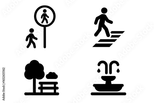 Walkable City Icons Set. Solid Urban Pedestrian Zone, Footpath, Crosswalk, Park Bench, Tree, Water Fountain Illustrated Symbols. Modern City Walkability, Public Spaces, Street Furniture Design Vector