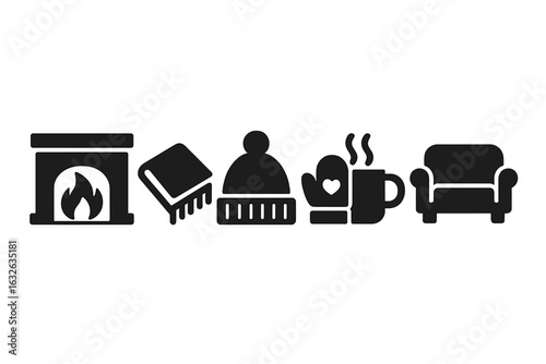Cozy Winter Home Icons Set. Fireplace, Warm Blanket, Wool Hat, Mittens, Hot Drink Mug, Comfortable Sofa. Winter Hygge Elements. Minimalist Black Silhouette Vector for Seasonal Comfort Concepts