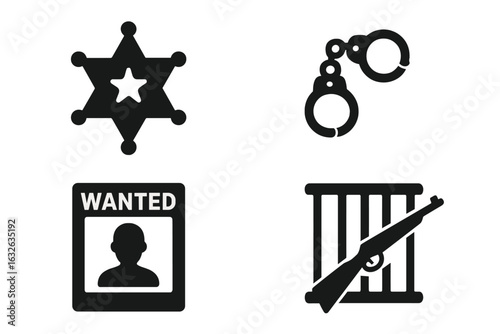 Wild West Law Enforcement Vector Icons Set. Sheriff Badge, Handcuffs, Wanted Poster, Jail Bars, Rifle, Outlaw Justice, Crime and Punishment, Black Silhouette, Western Crime Symbols, Isolated Clipart