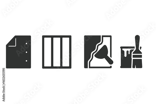 Wall Construction Icons Set. Solid Filled Vector Pack of Drywall Panel, Wall Studs, Plaster Repair, Paint Can With Brush. Construction Materials, Tools, Renovation Elements, Building Isolated Clipart