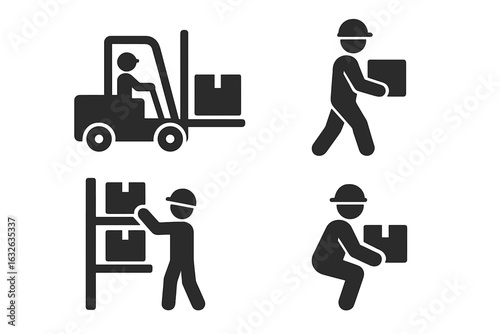 Warehouse worker icons set. Forklift operator, manual laborers lifting, carrying, shelving boxes. Industrial logistics, shipping, handling, storage, safety helmet, solid vector illustrations isolated