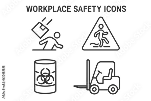 Workplace Safety Outline Icons Set. Falling Object Hazard, Wet Floor Caution, Biohazard Waste Barrel, Forklift Vehicle. Industrial Workplace Risk, Accident Prevention, Safety Symbol Vector Collection