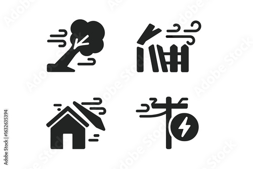 Wind Damage Disaster Icons Set. Severe Storm Impact on Infrastructure: Fallen Tree, Broken Fence, Damaged Roof, Power Outage Symbols. Solid Vector Illustration for Property and Utility Loss Concepts