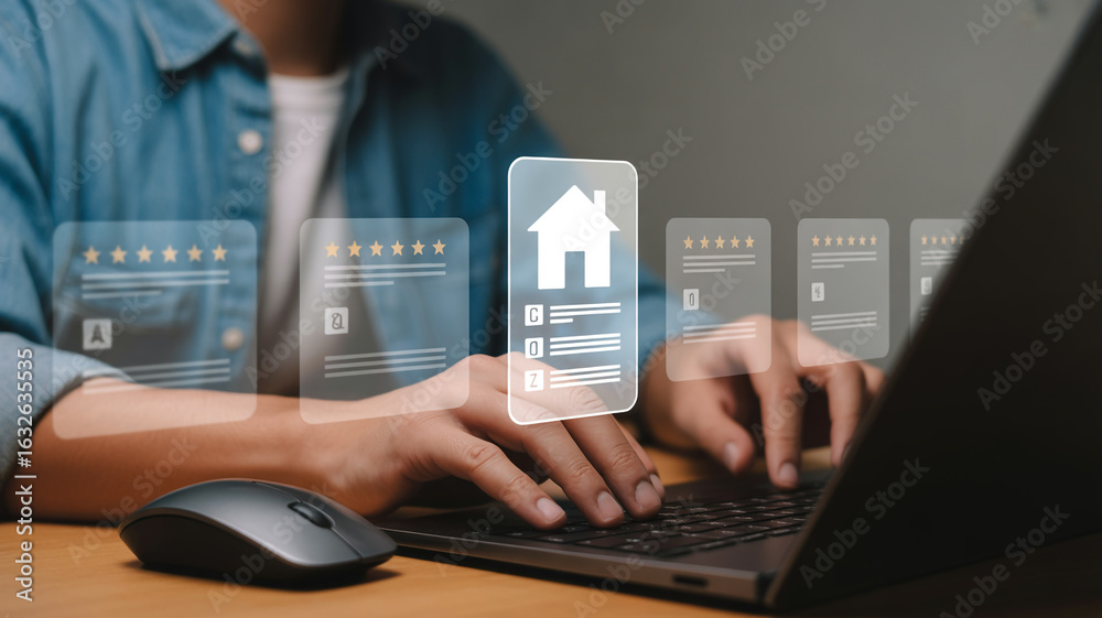 Online Real Estate Property Reviews and Ratings Displayed on Laptop Screen for Informed Decision Making Process Online Real Estate Property Reviews and Ratings Displayed on Laptop Screen for Informed Decision Making Process