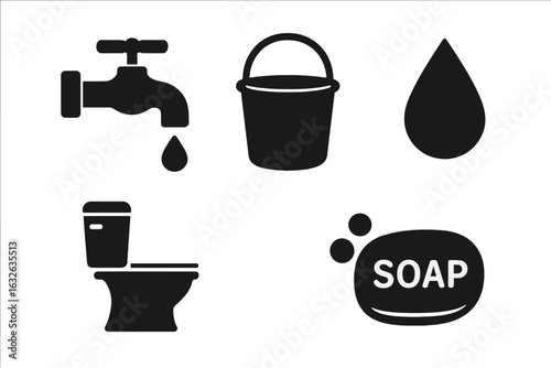 Water and Sanitation Icons Set. Solid vector illustration with water tap and droplet, sanitation toilet, bucket, soap bar. Hygiene, cleanliness, wash, restroom, bathroom, aid, public health