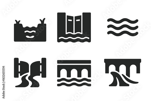Water Channel Solid Icons Set. Irrigation Ditch, Canal Lock, Aqueduct, River Gate, Water Flow, Dam, Hydraulics, Engineering Structures, Flood Control, Infrastructure, Water Supply Vector Collection