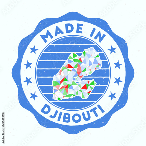 Made In Djibouti. Country round stamp. Seal of Djibouti with border shape. Vintage badge with circular text and stars. Vector illustration.
