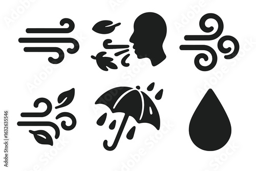 Windy weather icons set. Solid vector symbols of autumn wind, blowing head, swirling air, gusts with leaves, umbrella with rain drops, precipitation, stormy breeze, black silhouette illustration