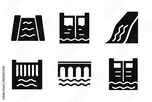 Water channel icons set. Solid vector symbols of irrigation canal, river gate, channel lock, aqueduct, water flow barrier, flood gate, hydro engineering, river management isolated illustration