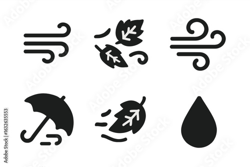 Windy weather icons set. Solid filled vector illustration of autumn gusts, blowing leaves, swirling wind, umbrella, raindrop. Fall storm, air movement, seasonal wind, precipitation, weather symbols.