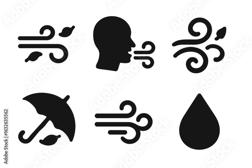 Windy weather icon set. Solid filled fall gust symbols, blowing leaves, swirling air, wind blowing person, umbrella, raindrop. Autumn breeze, vector illustration isolated on transparent.