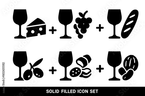 Solid filled wine and food pairing icons set. Vector illustration featuring wine glass with cheese, grapes, baguette, olives, charcuterie, nuts. Wine tasting, appetizer, transparent background.