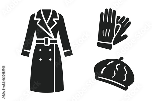 Winter Fashion Vector Icons Collection. Urban Style Trench Coat, Classic Leather Gloves, Knit Beret, Elegant Outerwear Accessories, Black Silhouette Set. Modern Apparel Isolated Illustration