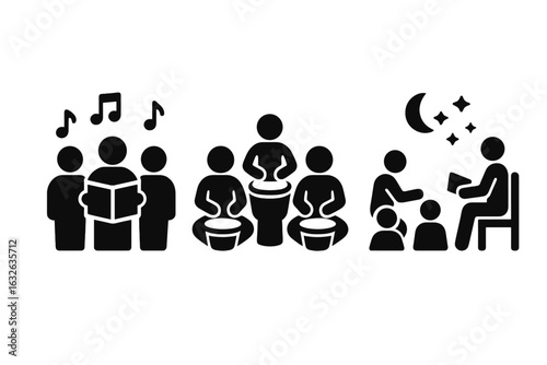 Winter Solstice Celebration Activities Vector Icons Set. Group Singing, Drum Circle, Storytelling, Music Notes, Night Gathering, Community Event, Festive Traditions, Solid Filled Pictograms