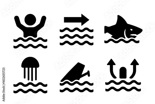 Water hazard warning icons set. Solid filled vector symbols for ocean, sea, beach and swimming dangers: drowning, rip currents, shark attack, jellyfish, capsizing boat, dangerous waters, safety alerts