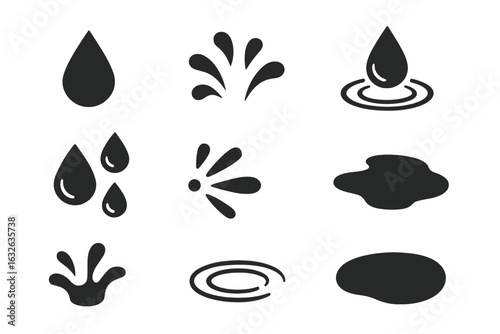 Water drop icon set. Solid filled vector symbols of water droplets, splashes, ripples, puddles, dew drops, sprays for liquid, moisture, rain, fluid concept design isolated on transparent background