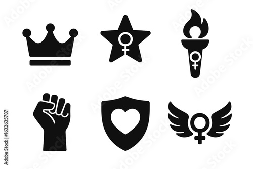 Women Empowerment Symbol Icons Set. Feminist Power, Gender Equality, Solidarity, Female Crown, Star, Torch, Fist, Heart Shield, Wings, Feminism Sign. Social Change Vector Illustration
