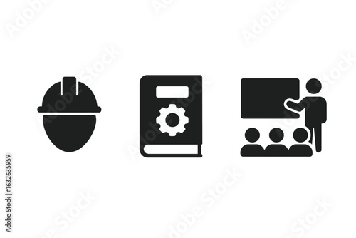 Workforce training and education icons set. Hard hat safety helmet, engineering manual, skills development, group seminar presentation, employee instruction, vocational training vector illustration