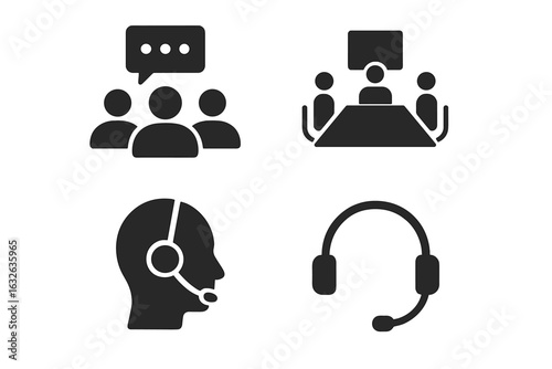 Workplace communication skills solid icons set. Team group chat, business meeting, online conference, customer service, call center headset. Corporate communication vector illustration collection